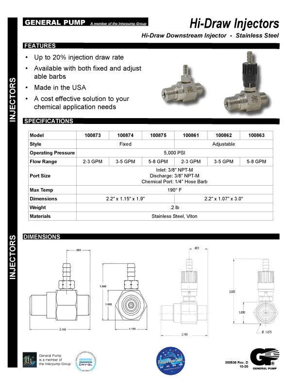 Fixed Stainless Steel High Draw Chemical Injectors By General Pump 3