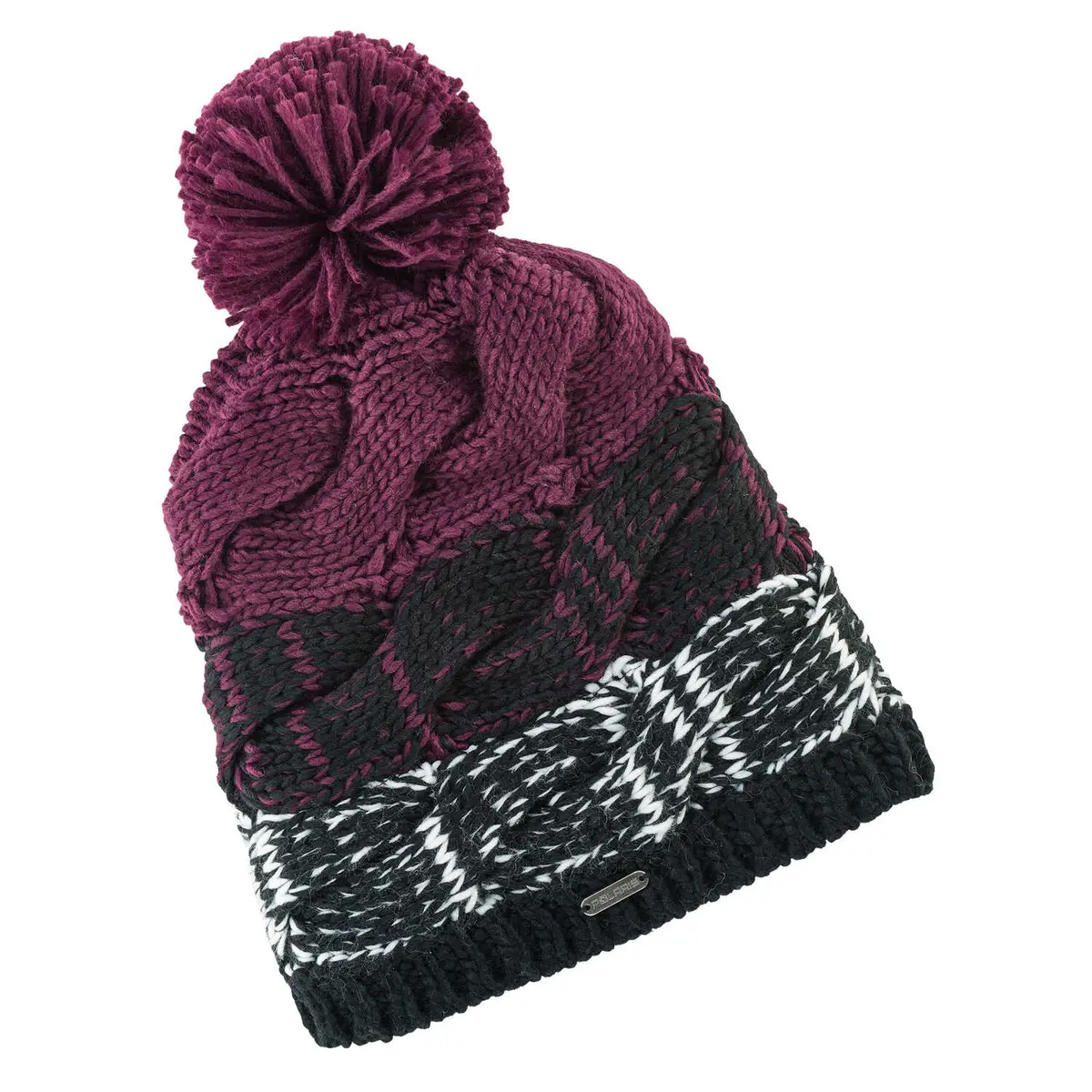 Women's Cable Beanie With Pom Pom, Black/Purple 2