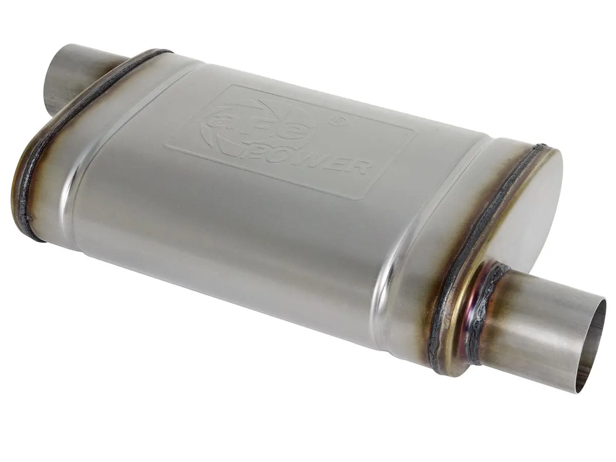 Afe: Mach Force-Xp 2-1/2" 409 Stainless Steel Muffler 2-1/2" Inlet/Outlet Offset/Offset, 14"L X 9"W X 4"H Body 1