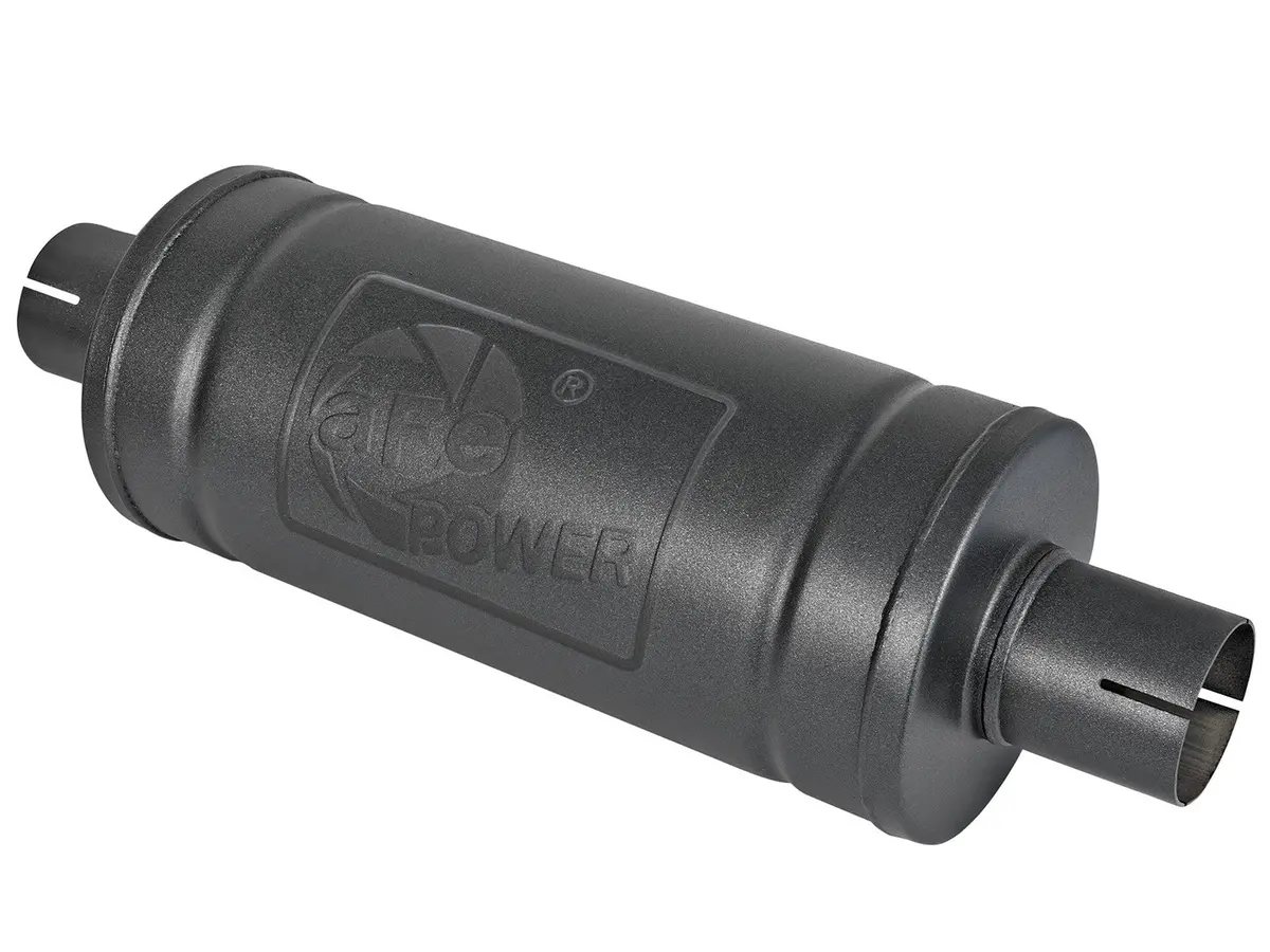Afe: Mach Force-Xp 2-1/2" 409 Stainless Steel Muffler 2-1/2"Id Inlet/Outlet Center, 6" Round X 14" Length (Hi-Temp Metallic Black) 1