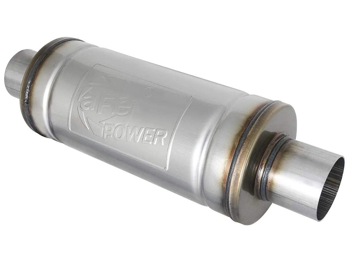 Afe: Mach Force-Xp 2-1/2" 409 Stainless Steel Muffler 	 2-1/2"Id Inlet/Outlet Center, 6" Round X 14" Length 1