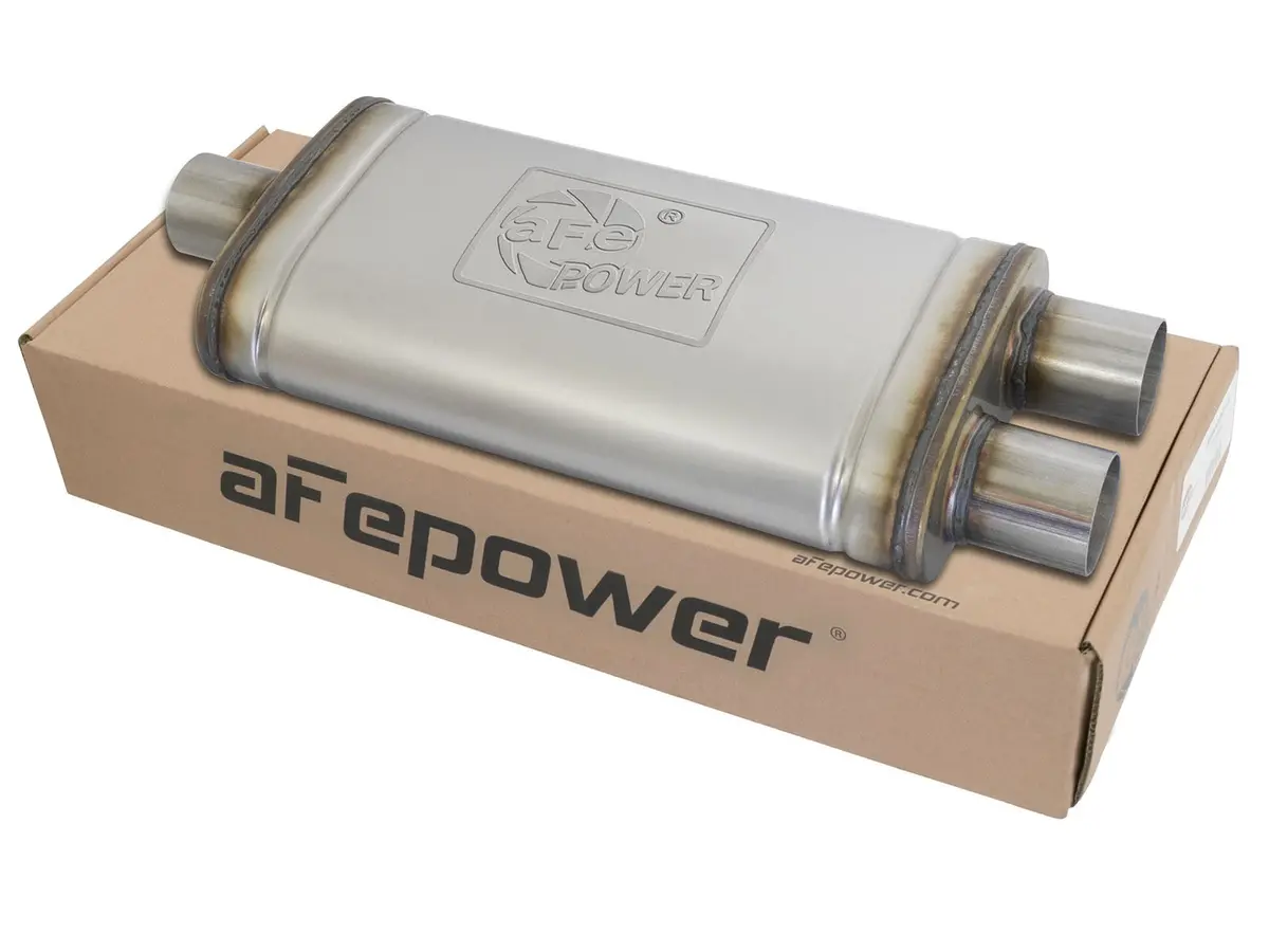 Afe: Mach Force-Xp 2.5" To 2.5" 409 Stainless Steel Muffler 	 2-1/2" Center Inlet /Dual Outlets, 18"L X 9"W X 4"H Body 1