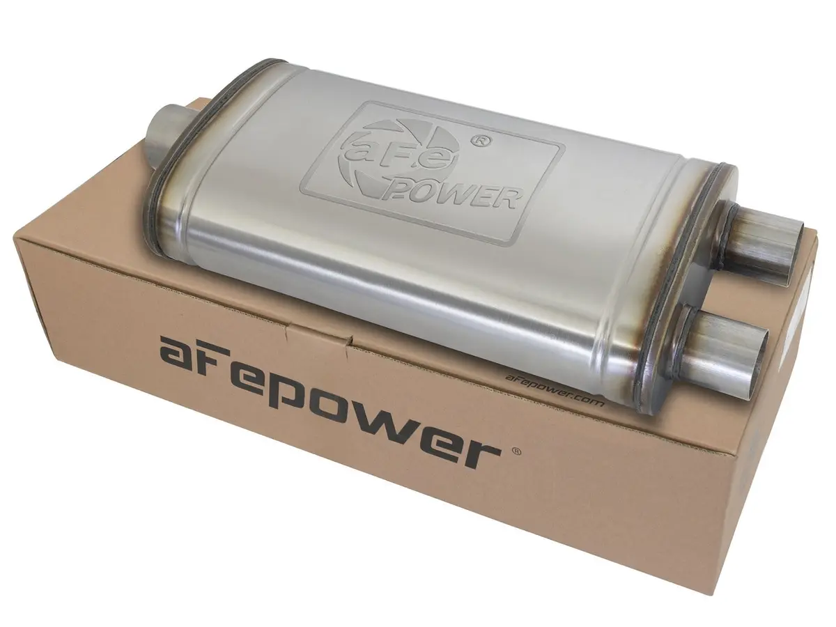 Afe: Mach Force-Xp 3" To 2.5" 409 Stainless Steel Muffler 	 3" Center Inlet /2-1/2" Dual Outlets, 22"L X 11"W X 6"H Body 1