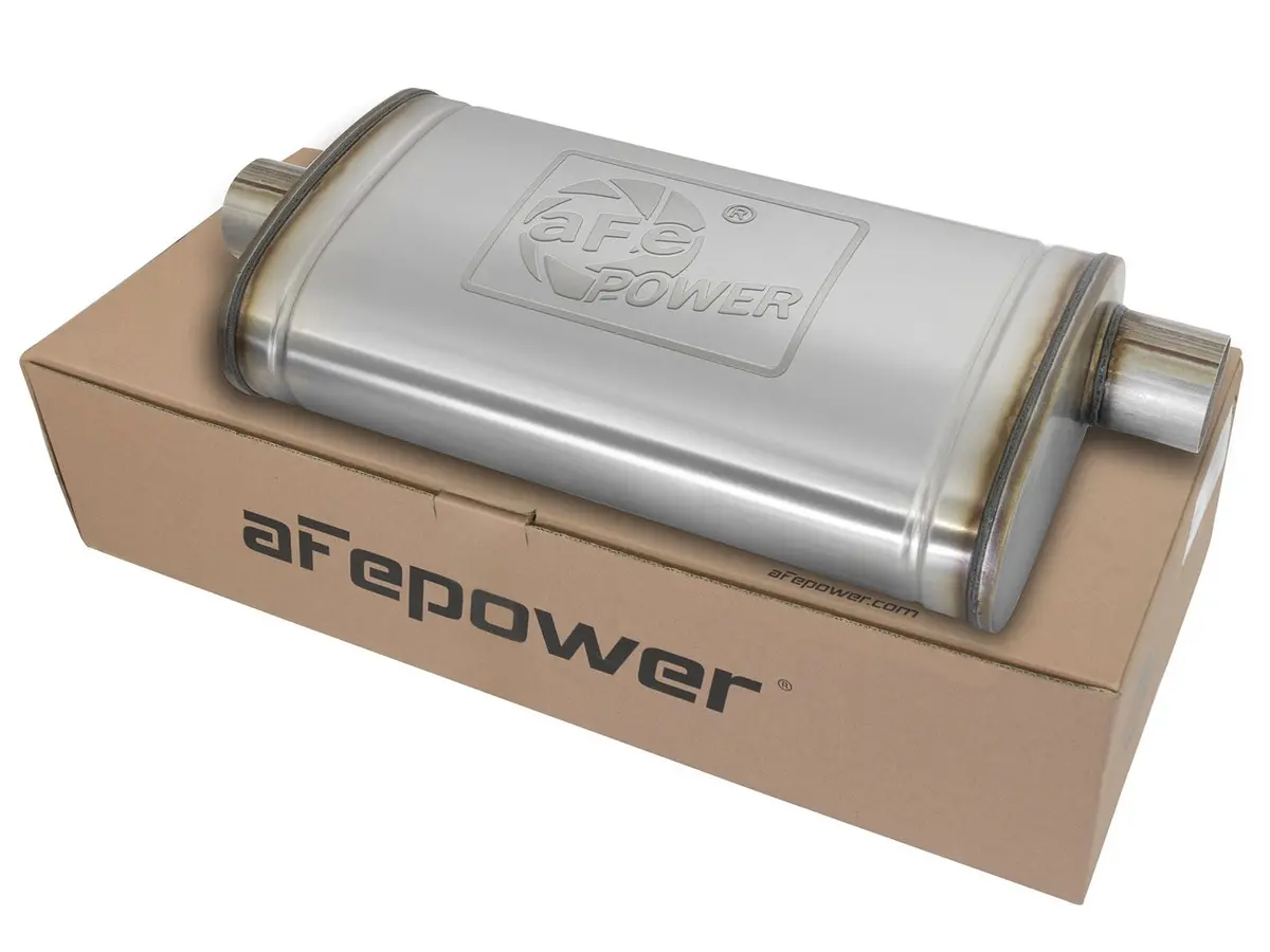 Afe: Mach Force-Xp 3" To 3" 409 Stainless Steel Muffler 3" Center Inlet /3" Offset Outlet, 22"L X 11"W X 6"H Body 1