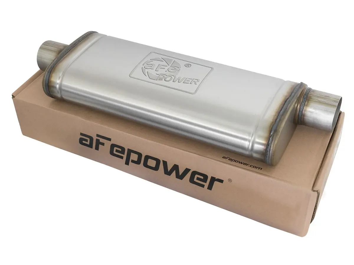 Afe: Mach Force-Xp 3" To 3" 409 Stainless Steel Muffler 	 3" Center Inlet /3" Offset Outlet, 22"L X 9"W X 4"H Body 1