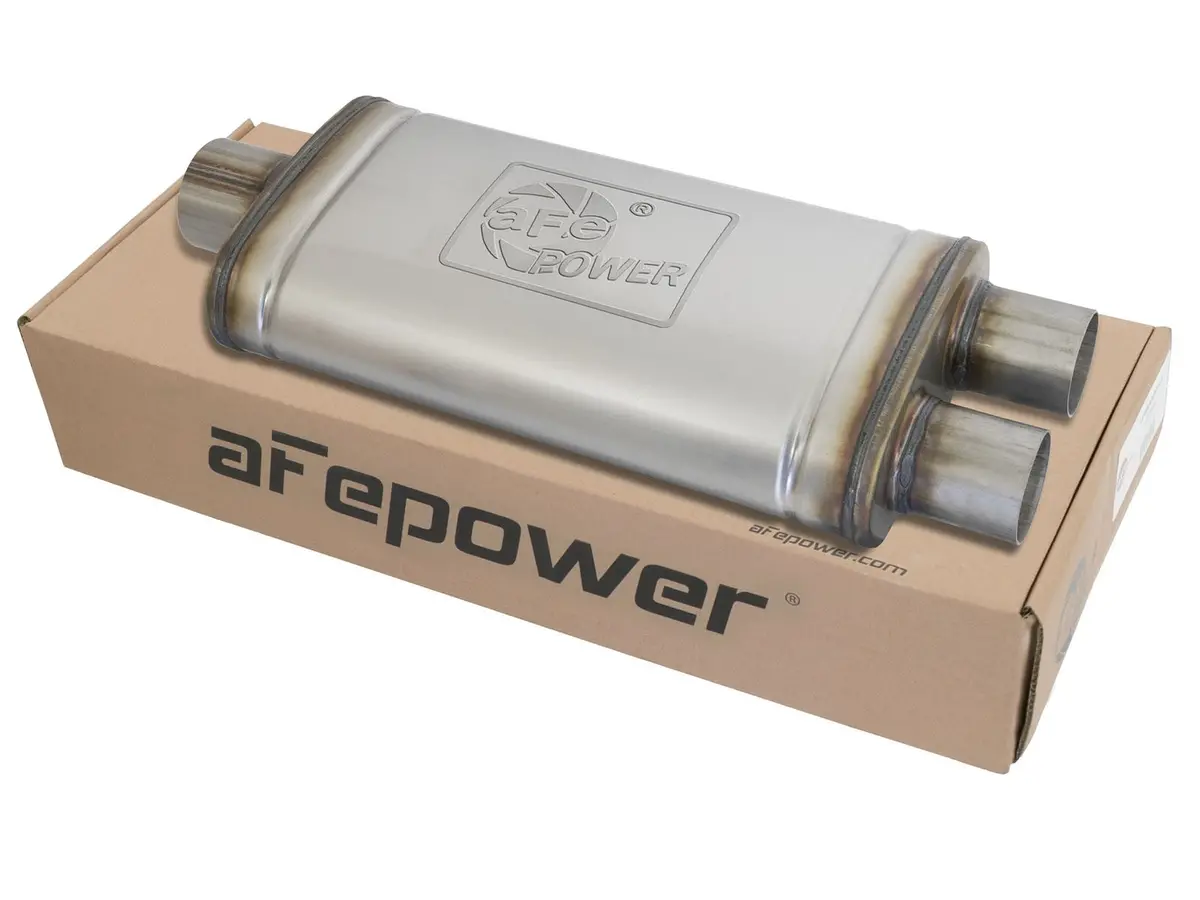 Afe: Mach Force-Xp 3" To 2.5" 409 Stainless Steel Muffler 3" Center Inlet /2-1/2" Dual Outlets, 18"L X 9"W X 4"H Body 1