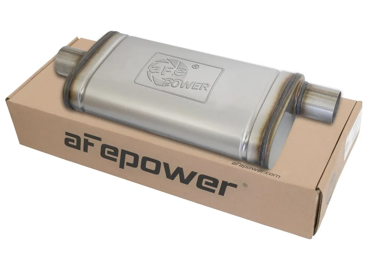 Afe: Mach Force-Xp 2.5" To 2.5" 409 Stainless Steel Muffler 2-1/2" Center Inlet /2-1/2" Offset Outlet, 18"L X 9"W X 4"H Body 1