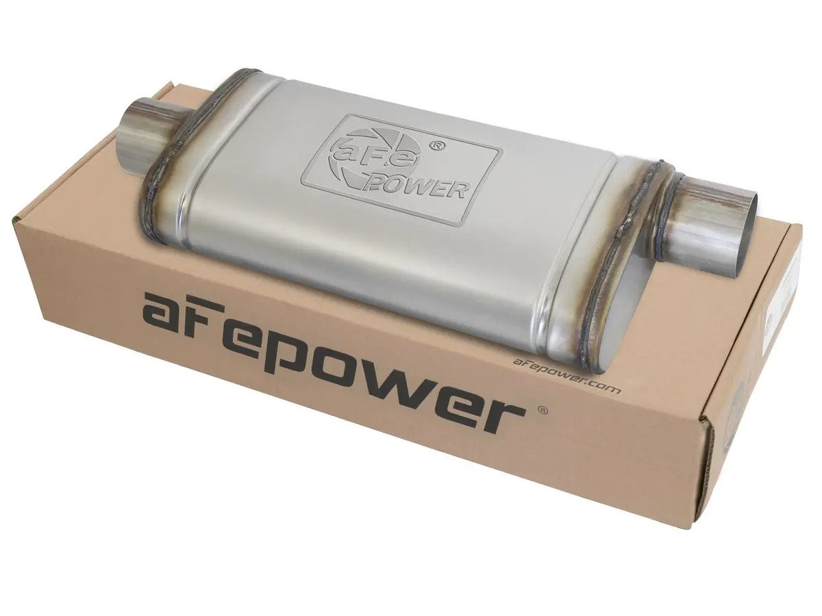 Afe: Mach Force-Xp 3" 409 Stainless Steel Muffler 3" Center Inlet /3" Offset Outlet, 18"L X 9"W X 4"H Body 1