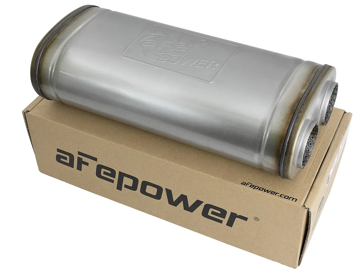 Afe: Mach Force-Xp 2-1/2" 409 Stainless Steel Muffler 2-1/2" Offset Inlet / 2-1/2" Dual Outlets, 18"L X 8"W X 5"H Body 1