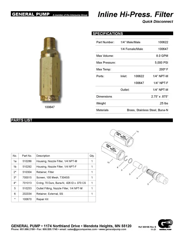 Repair Kit For General Pump Inline 5000 Psi Filter - (6016) 1