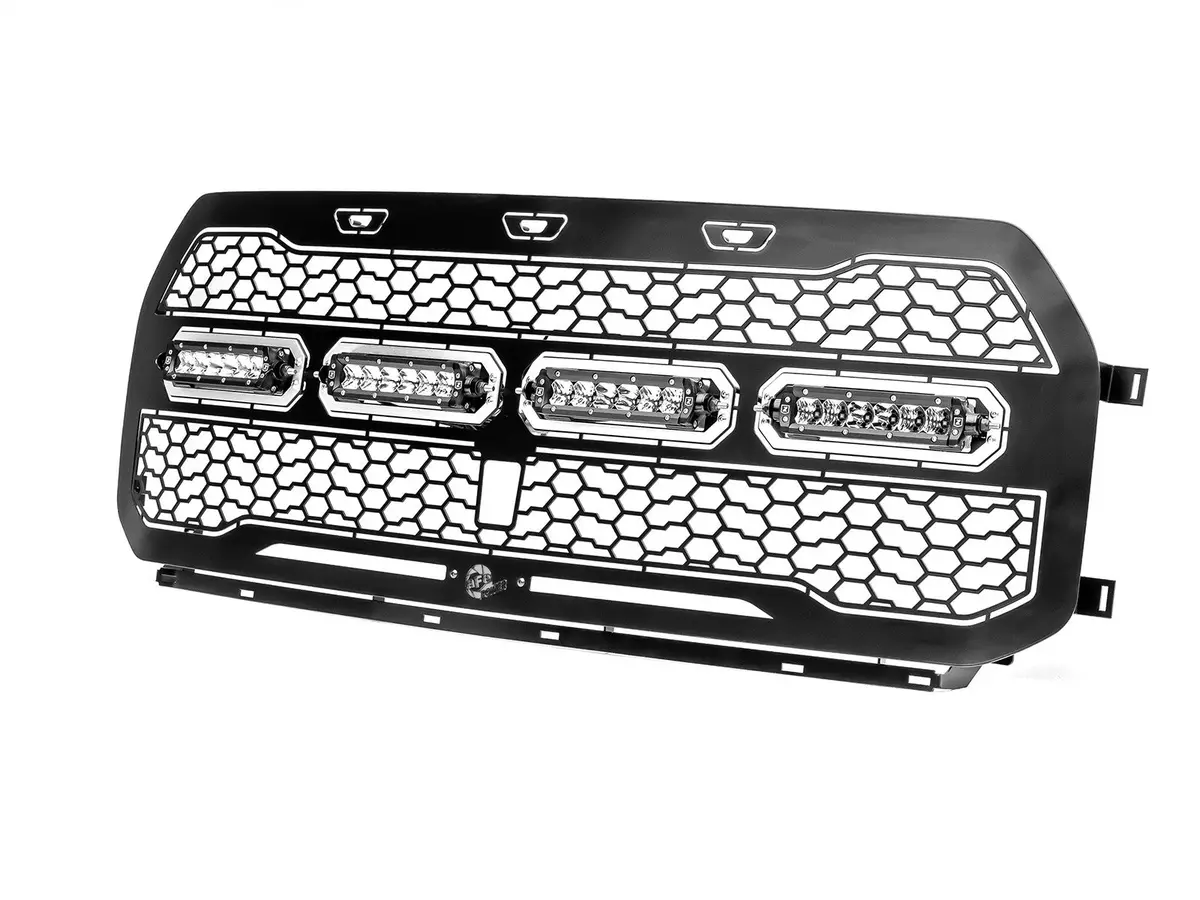 Afe: Scorpion Complete Replacement Grille Tread Design Black W/ Led Lights - Ford F-150 Raptor 17-20 W/Camera 1