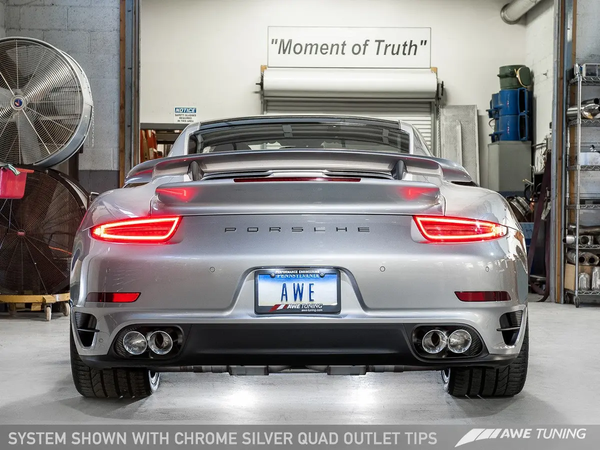 Awe: 2014-2019 Porsche 991 Turbo Performance Exhaust And High-Flow Cat Sections W/Diamond Black Rsr Tips 2
