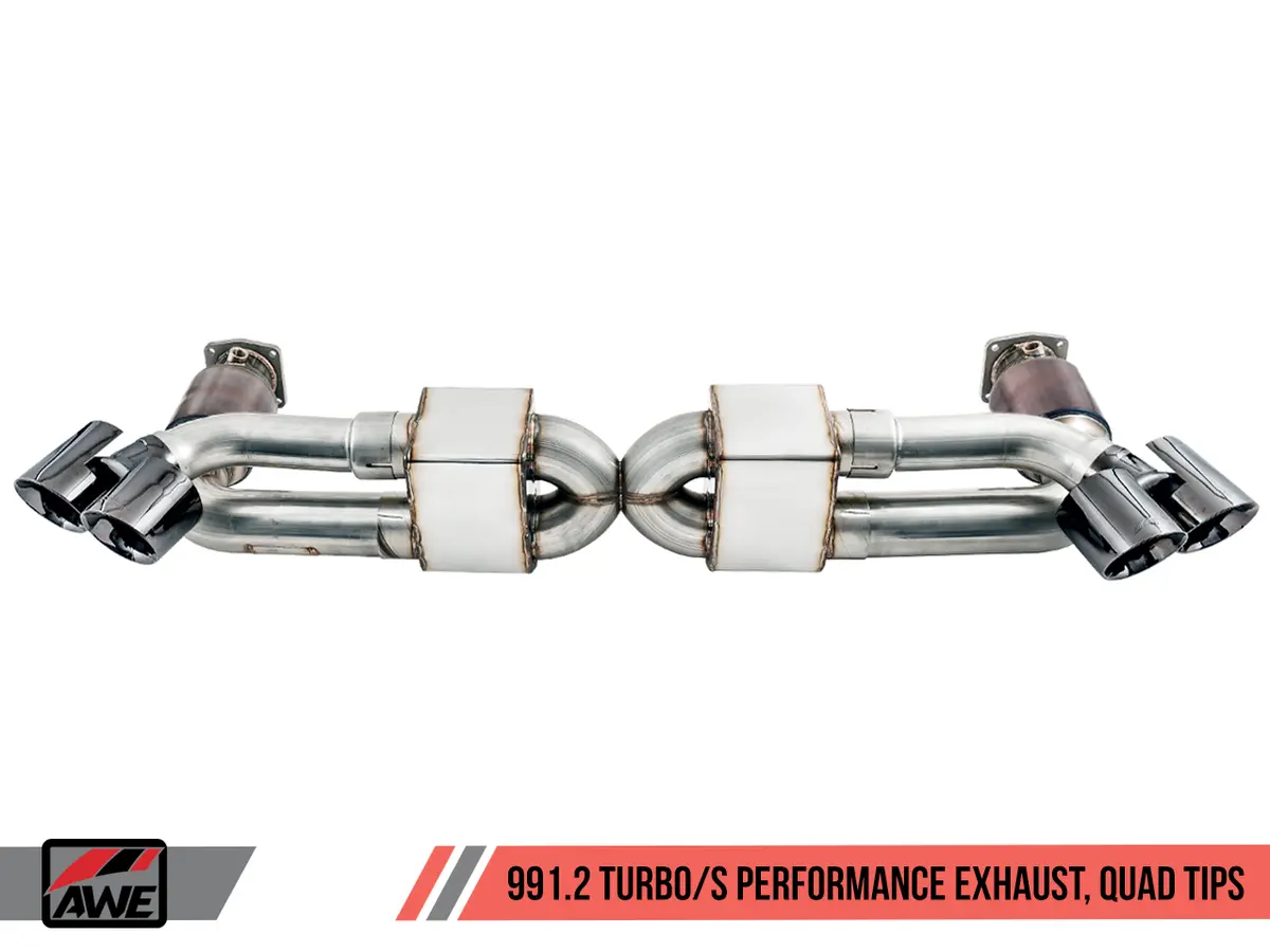 Awe: 2017-2019 Porsche 991.2 Turbo | Turbo S 3.8T - Performance Exhaust And High-Flow Cat Sections Chrome Silver Quad Tips 1