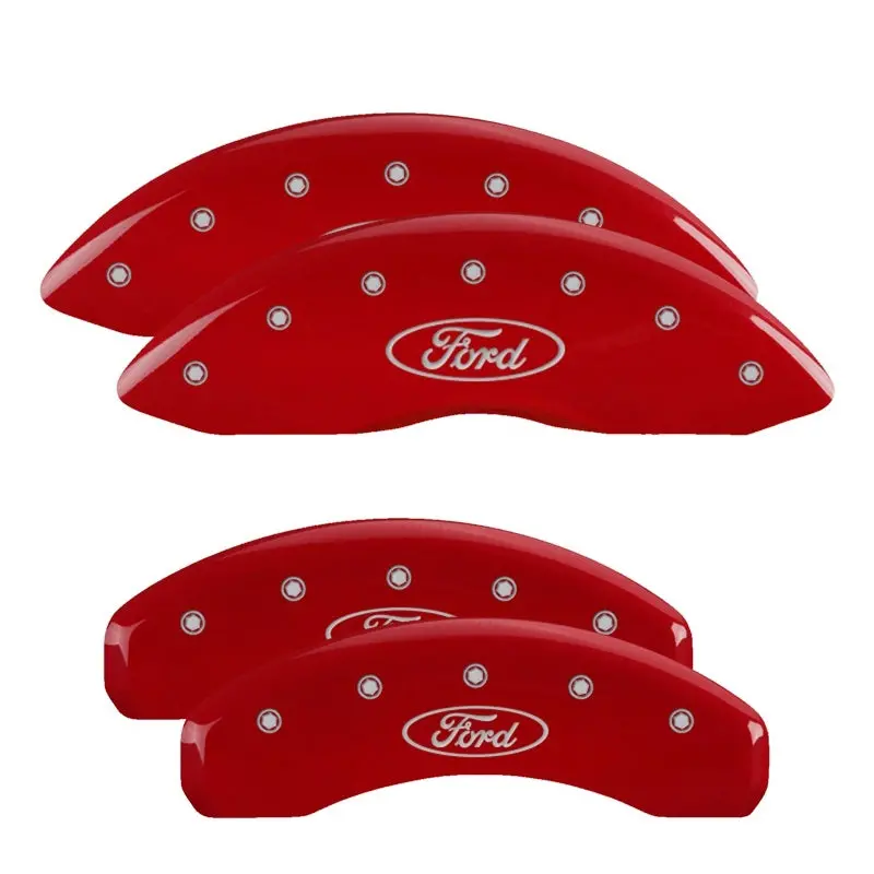 Mgp Engraved 4-Piston Caliper Covers – Ford Oval Logo, Front & Rear, Red Finish With Silver Chrome Accents 1